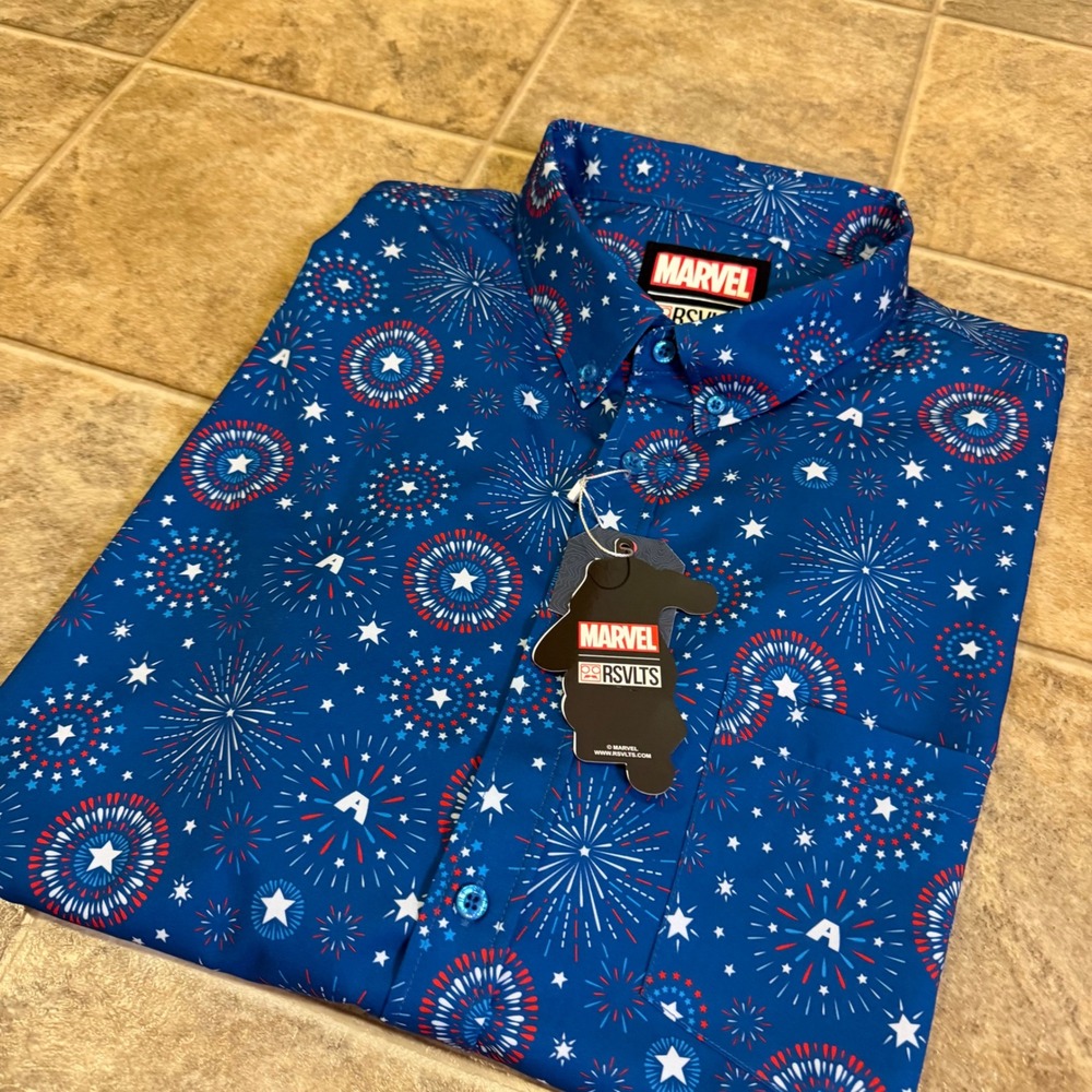 Marvel RSVLTS Captain America Fireworks Patriotic KUNUFLEX Shirt Mens 3XL Blue